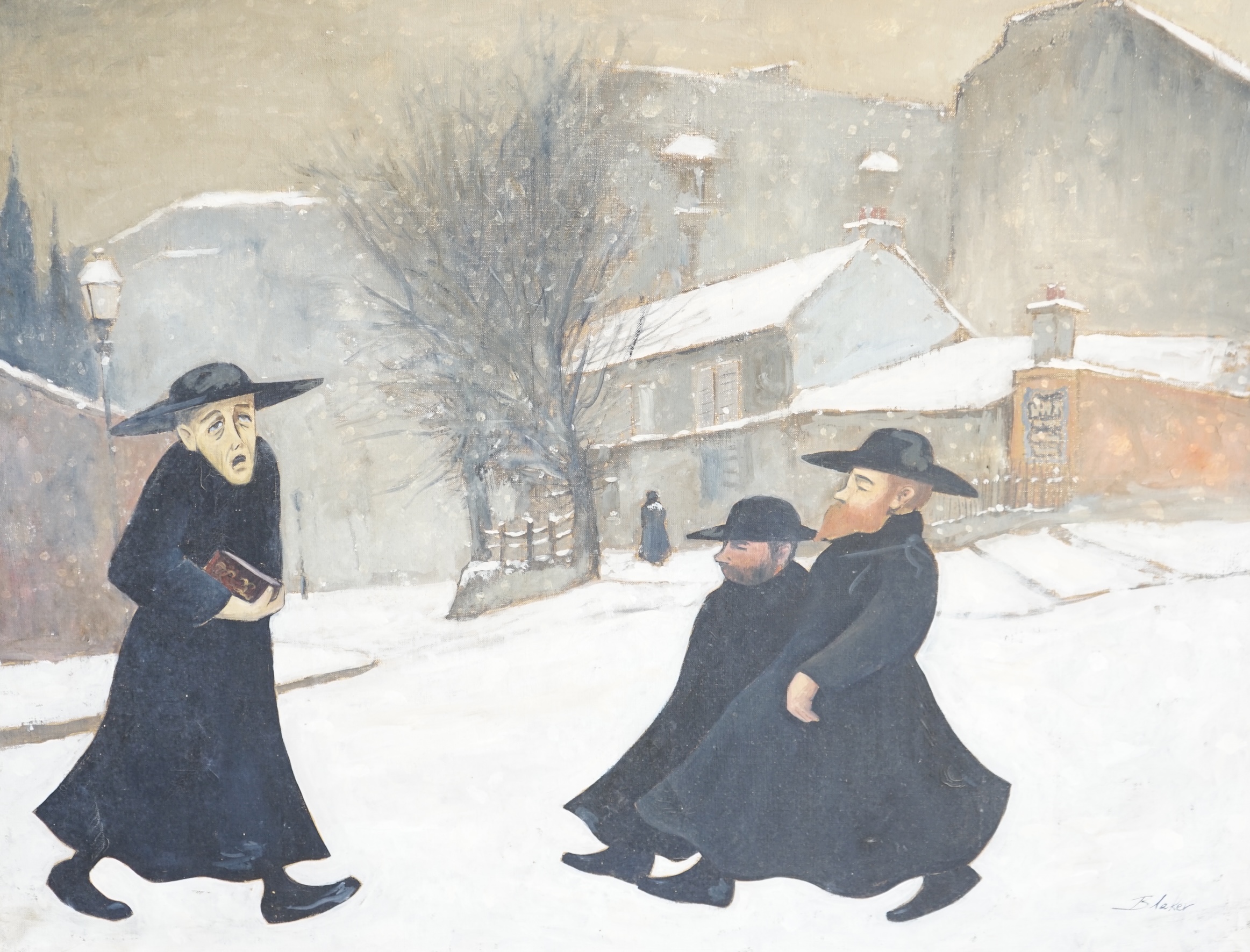 Michael John Blaker (1928-2018), two oils on canvas, Winter street scene with three figures and Study of a dog, each signed, largest 66 x 87cm, unframed. Condition - fair